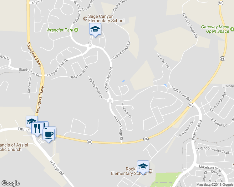 map of restaurants, bars, coffee shops, grocery stores, and more near 1318 Sidewinder Circle in Castle Rock