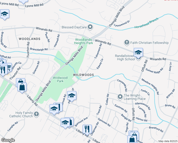 map of restaurants, bars, coffee shops, grocery stores, and more near 9403 Tulsemere Road in Randallstown