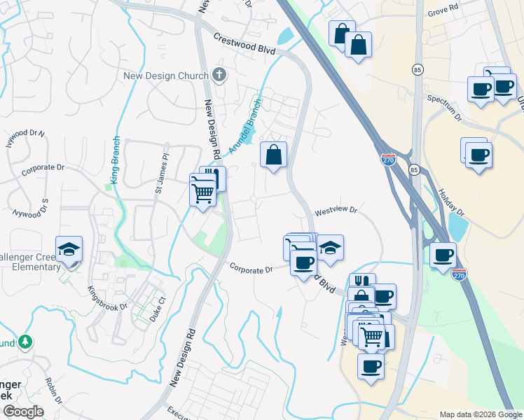 map of restaurants, bars, coffee shops, grocery stores, and more near 5363 Partners Court in Frederick