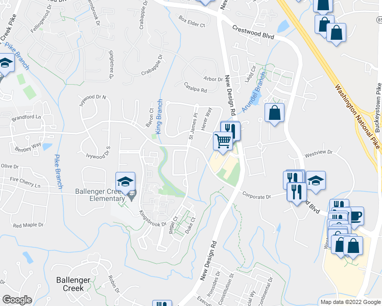 map of restaurants, bars, coffee shops, grocery stores, and more near 5321 Kingsbrook Drive in Frederick