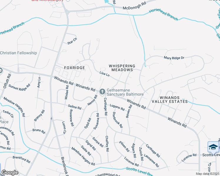 map of restaurants, bars, coffee shops, grocery stores, and more near 995 Whispering Meadow Drive in Randallstown