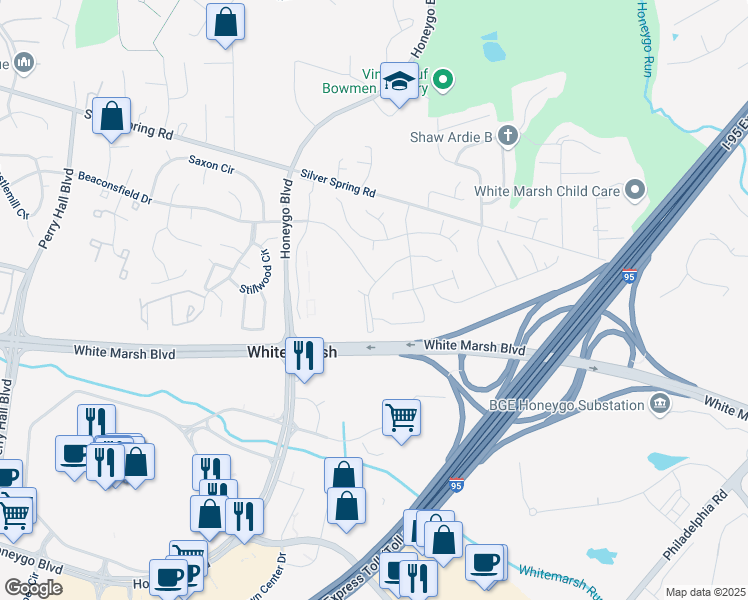 map of restaurants, bars, coffee shops, grocery stores, and more near 4807 Berryhill Circle in Perry Hall
