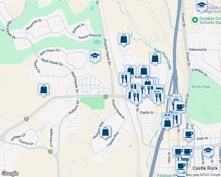 map of restaurants, bars, coffee shops, grocery stores, and more near 1606 Cherokee Mountain Circle in Castle Rock