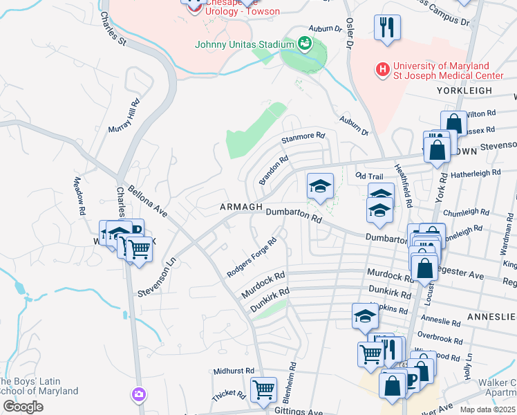 map of restaurants, bars, coffee shops, grocery stores, and more near 130 Dumbarton Road in Baltimore