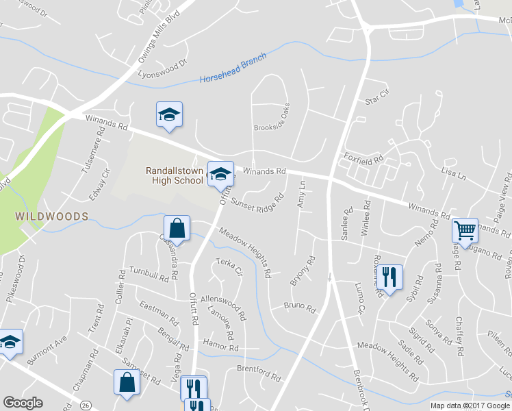 map of restaurants, bars, coffee shops, grocery stores, and more near 9124 Sunset Ridge Road in Randallstown