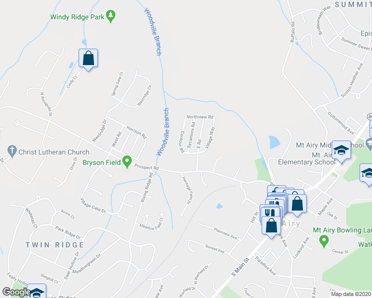 map of restaurants, bars, coffee shops, grocery stores, and more near 102 Sycamore Road in Mount Airy