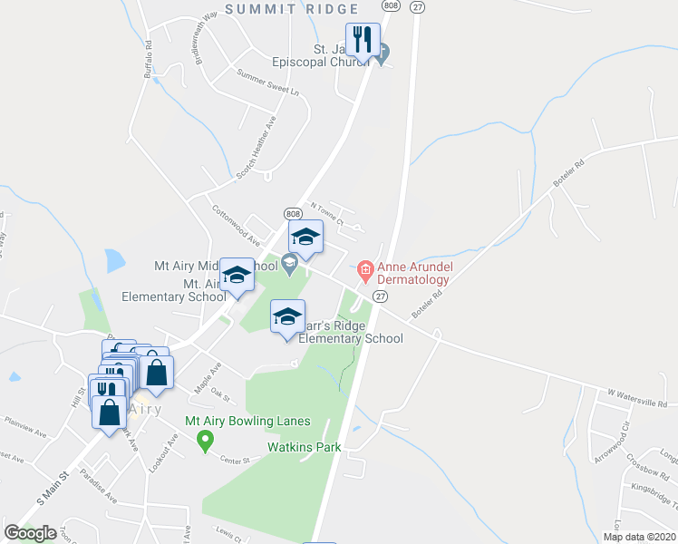 map of restaurants, bars, coffee shops, grocery stores, and more near 707 Horpel Drive in Mount Airy