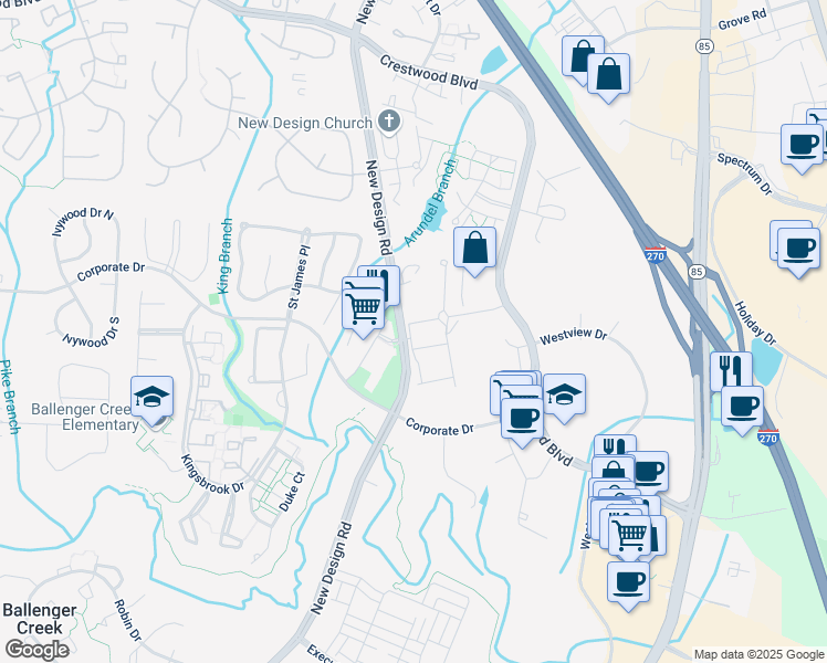 map of restaurants, bars, coffee shops, grocery stores, and more near 5555 Hidden Waters Lane in Frederick