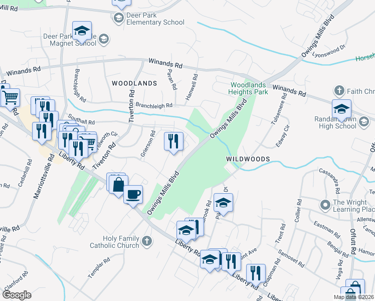 map of restaurants, bars, coffee shops, grocery stores, and more near 11 Winlo Court in Randallstown