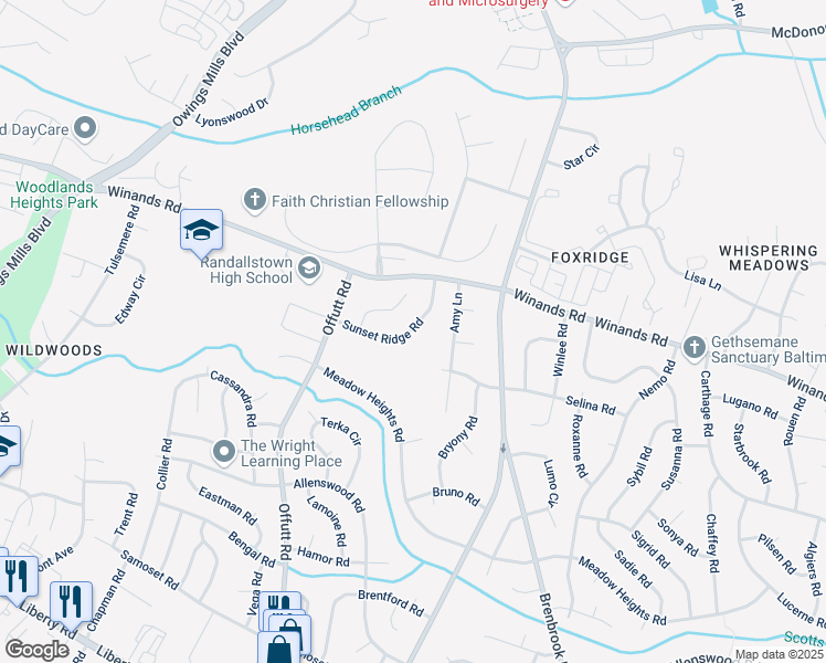 map of restaurants, bars, coffee shops, grocery stores, and more near 9119 Sunset Ridge Road in Randallstown