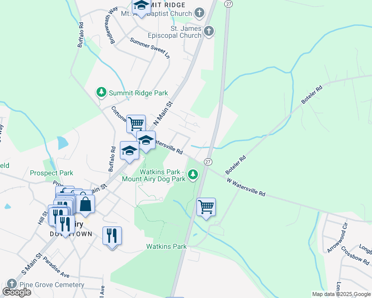 map of restaurants, bars, coffee shops, grocery stores, and more near 707 Horpel Drive in Mount Airy