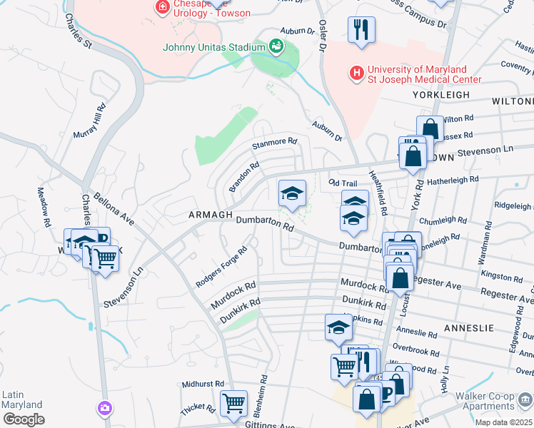 map of restaurants, bars, coffee shops, grocery stores, and more near 190 Dumbarton Road in Baltimore