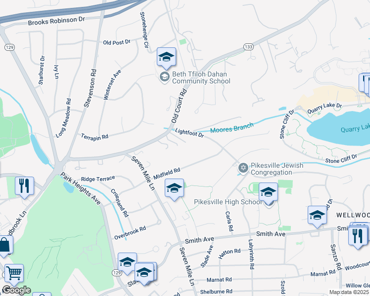 map of restaurants, bars, coffee shops, grocery stores, and more near 3400A Old Court Road in Pikesville