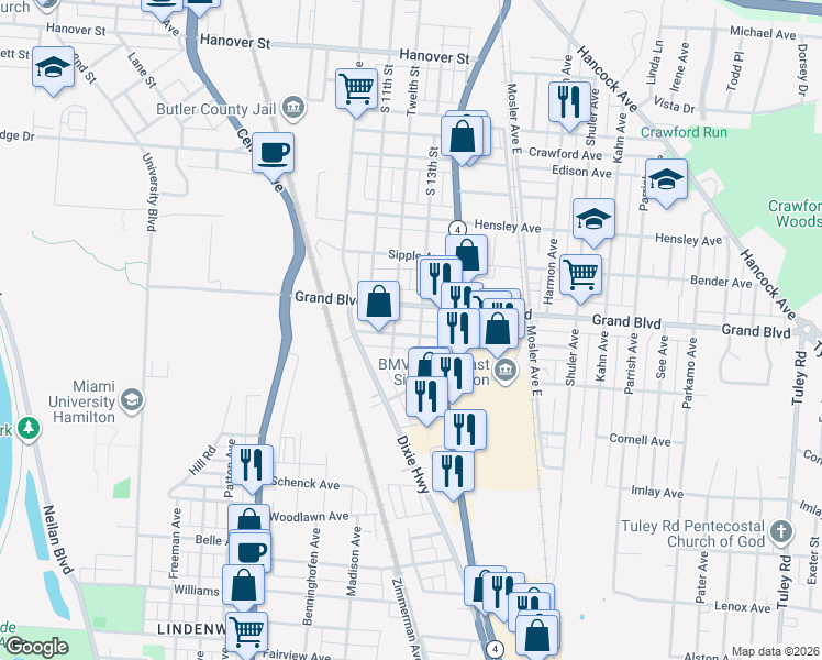 map of restaurants, bars, coffee shops, grocery stores, and more near 1222 Bonacker Avenue in Hamilton