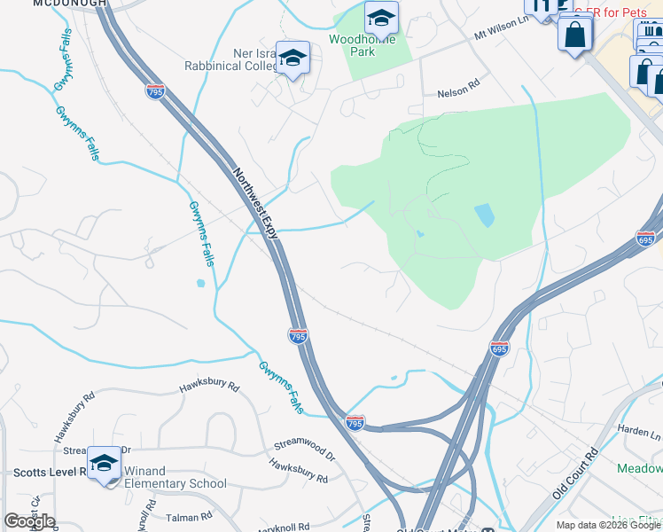 map of restaurants, bars, coffee shops, grocery stores, and more near 415 South Road in Pikesville