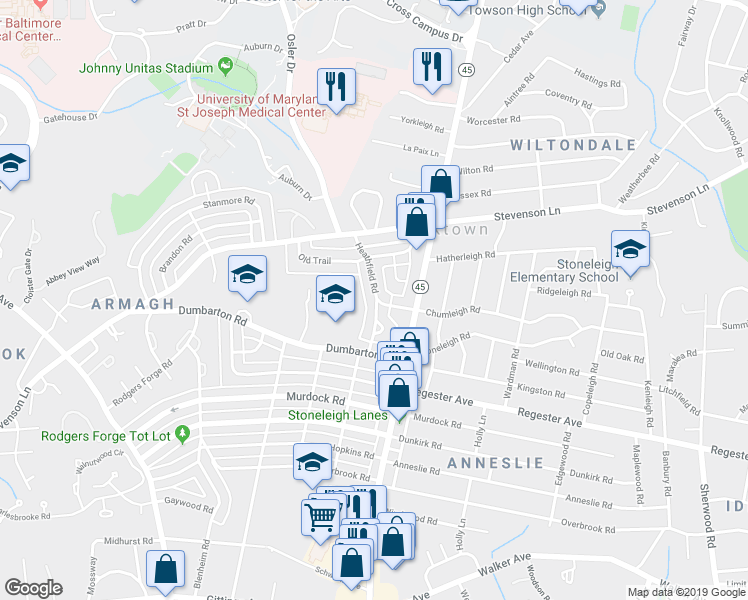 map of restaurants, bars, coffee shops, grocery stores, and more near 7102 Heathfield Road in Baltimore
