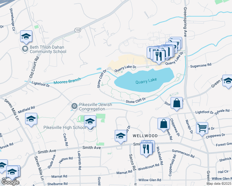 map of restaurants, bars, coffee shops, grocery stores, and more near 2900 Stone Cliff Drive in Pikesville