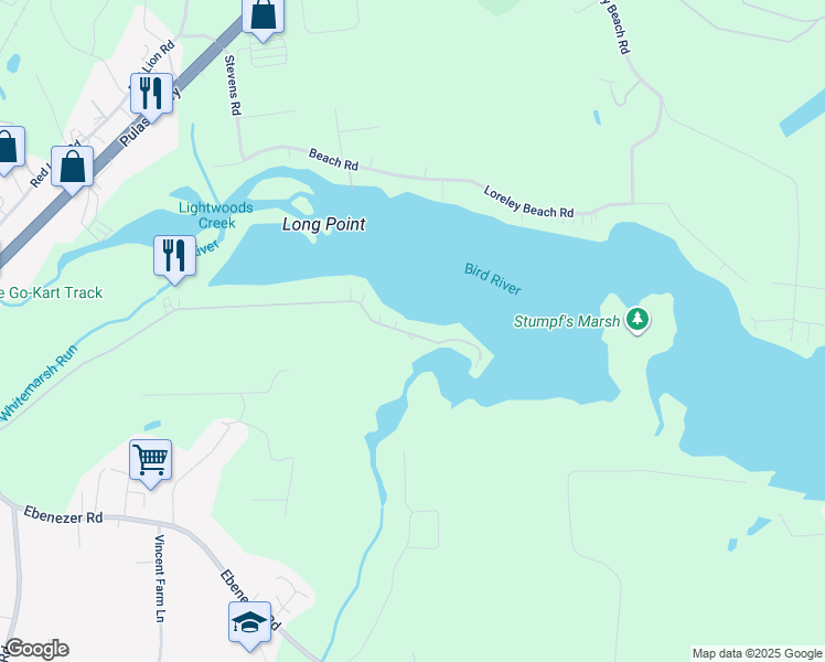 map of restaurants, bars, coffee shops, grocery stores, and more near 11228 Bird River Grove Road in White Marsh