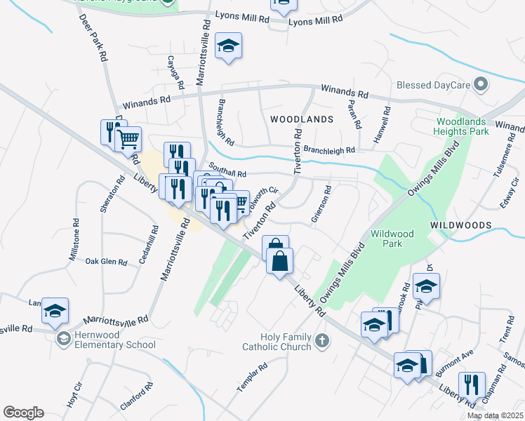 map of restaurants, bars, coffee shops, grocery stores, and more near 3916 Tiverton Road in Randallstown