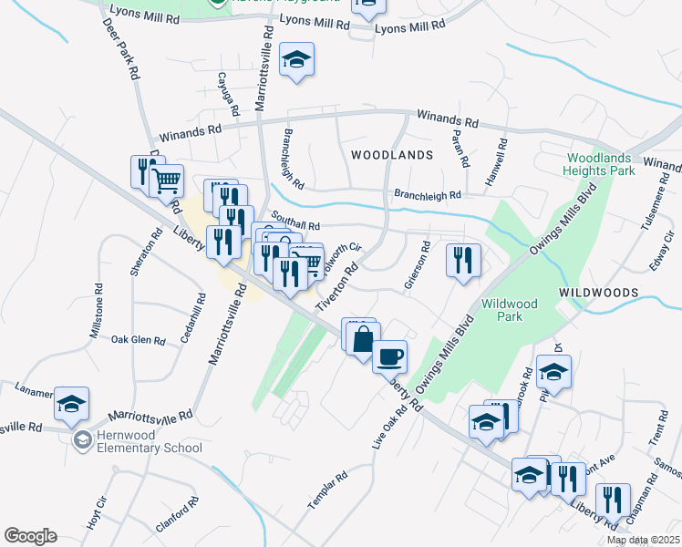 map of restaurants, bars, coffee shops, grocery stores, and more near 3916 Tiverton Road in Randallstown