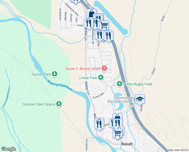 map of restaurants, bars, coffee shops, grocery stores, and more near 310 Sopris Circle in Basalt