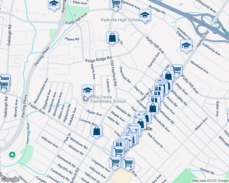 map of restaurants, bars, coffee shops, grocery stores, and more near 8210 Old Harford Road in Parkville