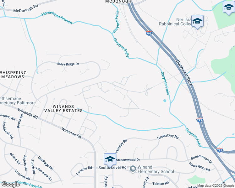 map of restaurants, bars, coffee shops, grocery stores, and more near 725 Mount Wilson Lane in Pikesville