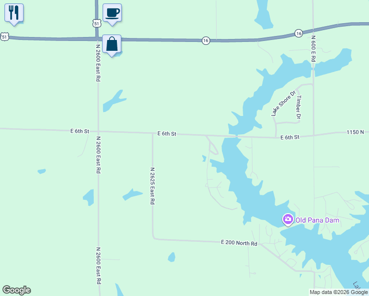 map of restaurants, bars, coffee shops, grocery stores, and more near 2636 East 250 North Road in Pana