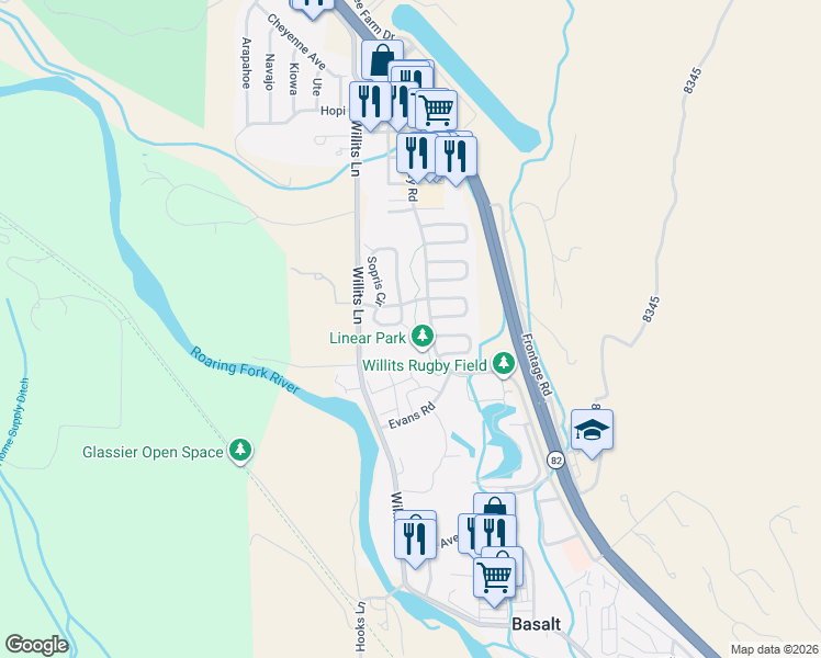 map of restaurants, bars, coffee shops, grocery stores, and more near 310 Sopris Circle in Basalt