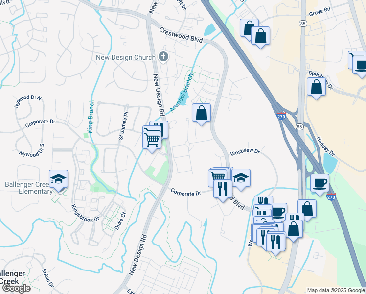 map of restaurants, bars, coffee shops, grocery stores, and more near 5377 Partners Court in Frederick