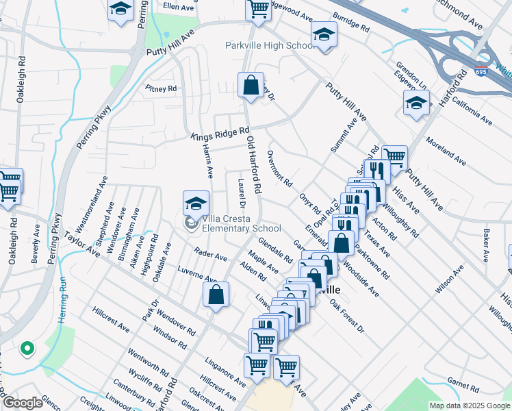map of restaurants, bars, coffee shops, grocery stores, and more near 8210 Old Harford Road in Parkville