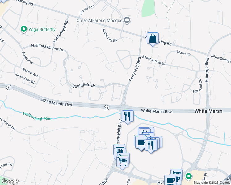 map of restaurants, bars, coffee shops, grocery stores, and more near 8357 Cypress Mill Road in Perry Hall