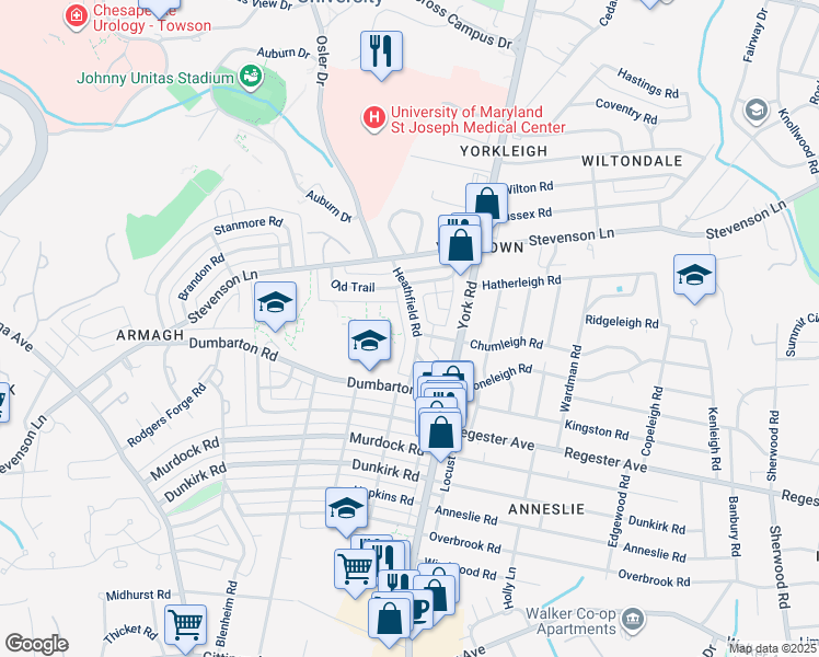 map of restaurants, bars, coffee shops, grocery stores, and more near 7102 Heathfield Road in Baltimore