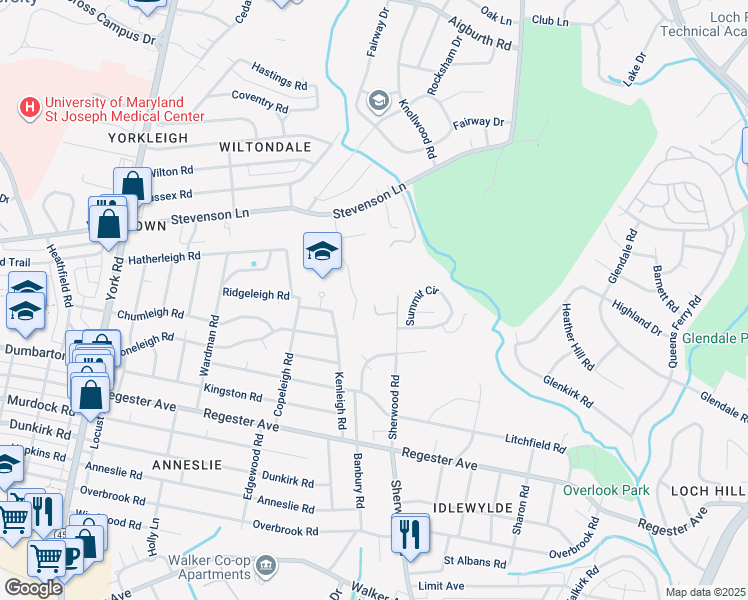 map of restaurants, bars, coffee shops, grocery stores, and more near 12 Stone Ridge Court in Baltimore
