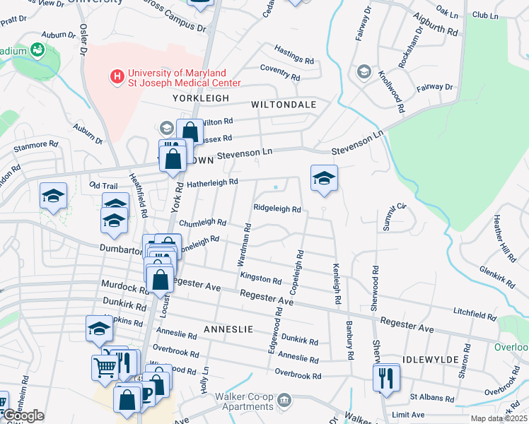 map of restaurants, bars, coffee shops, grocery stores, and more near 805 Ridgeleigh Road in Baltimore