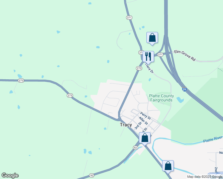 map of restaurants, bars, coffee shops, grocery stores, and more near 140 Roller Court in Platte City