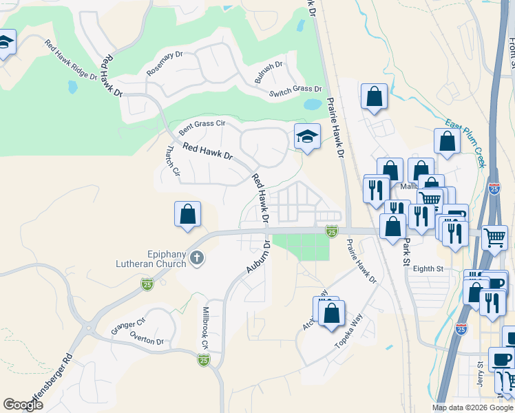 map of restaurants, bars, coffee shops, grocery stores, and more near 751 East Wolfensberger Road in Castle Rock