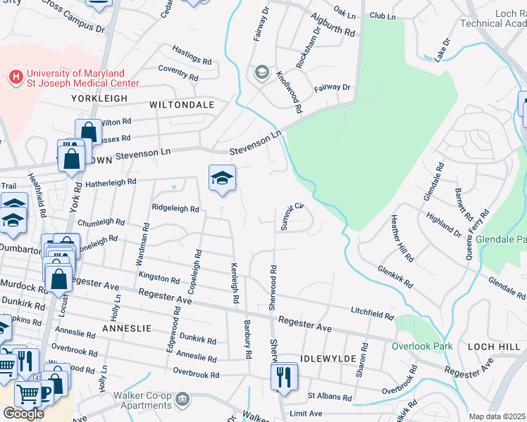 map of restaurants, bars, coffee shops, grocery stores, and more near 6 Stone Ridge Court in Baltimore