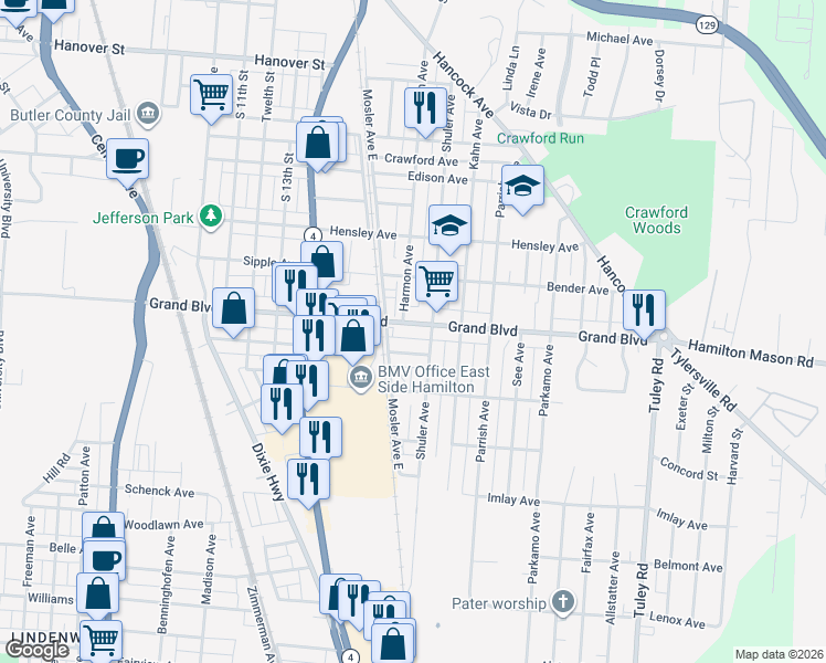 map of restaurants, bars, coffee shops, grocery stores, and more near 1630 Ray Combs Avenue in Hamilton