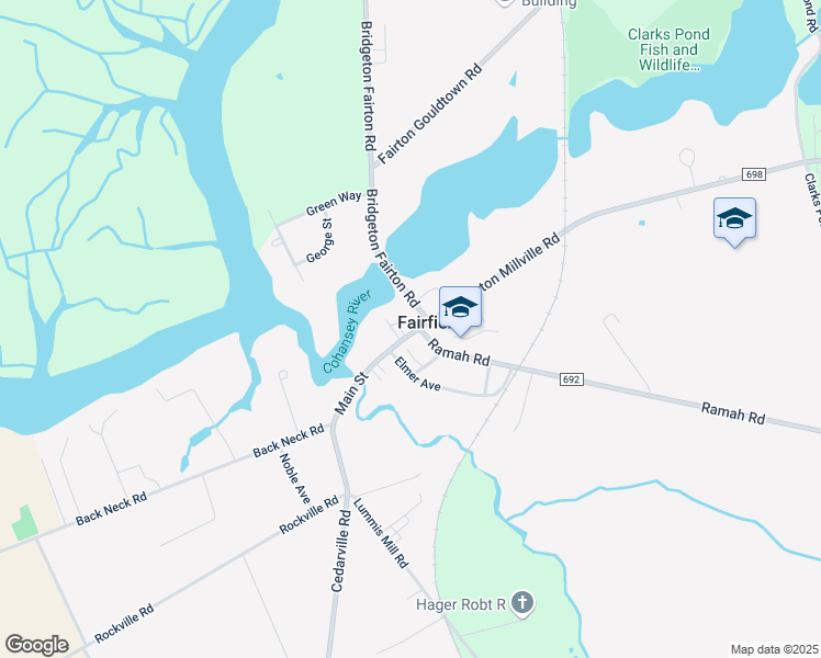 map of restaurants, bars, coffee shops, grocery stores, and more near 61 Main Street in Bridgeton