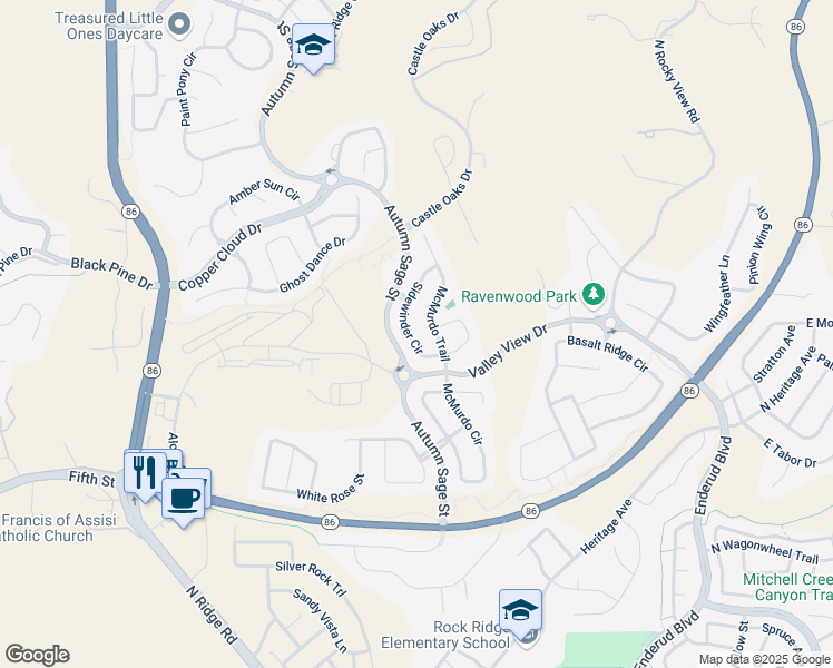 map of restaurants, bars, coffee shops, grocery stores, and more near 1318 Sidewinder Circle in Castle Rock
