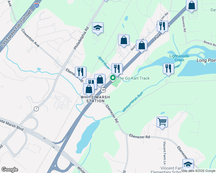 map of restaurants, bars, coffee shops, grocery stores, and more near 10825 U.S. 40 in White Marsh