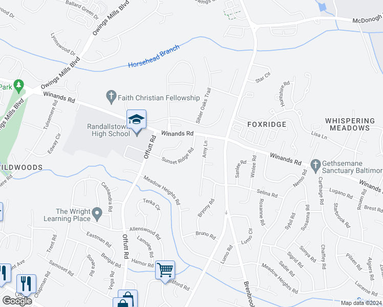 map of restaurants, bars, coffee shops, grocery stores, and more near 9113 Sunset Ridge Road in Randallstown