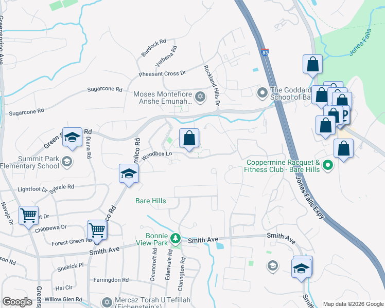map of restaurants, bars, coffee shops, grocery stores, and more near 2145 Woodbox Lane in Baltimore
