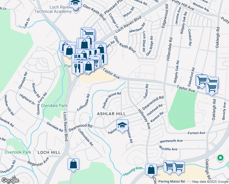 map of restaurants, bars, coffee shops, grocery stores, and more near 1158 Pelham Wood Road in Parkville