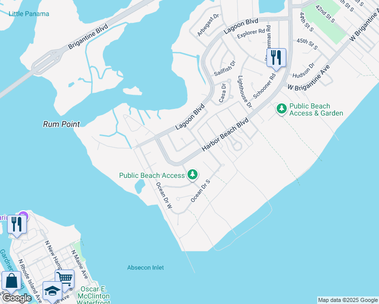 map of restaurants, bars, coffee shops, grocery stores, and more near 5116 Harbor Beach Boulevard in Brigantine