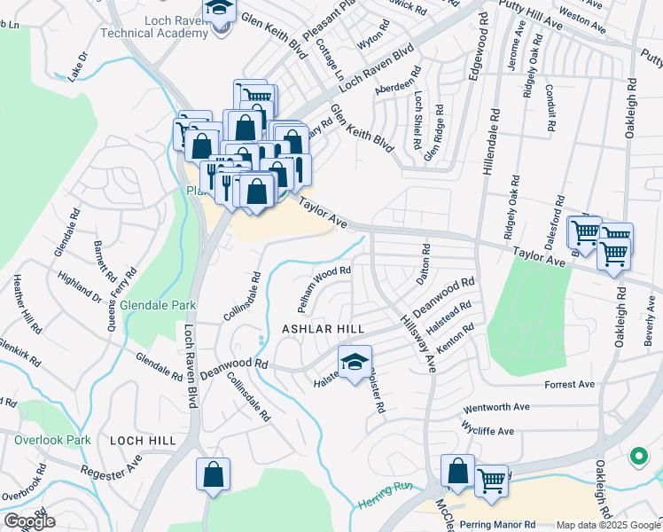 map of restaurants, bars, coffee shops, grocery stores, and more near 1158 Pelham Wood Road in Parkville