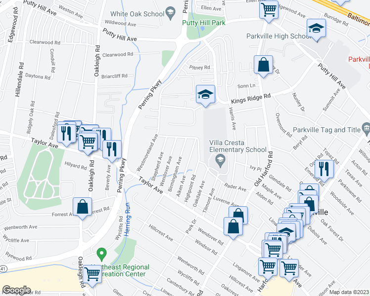 map of restaurants, bars, coffee shops, grocery stores, and more near 2600 Rader Ave in Parkville