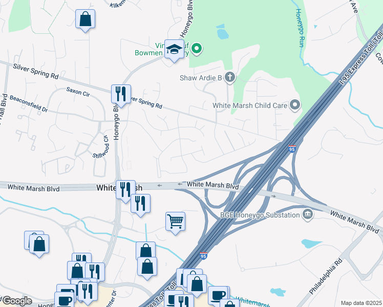 map of restaurants, bars, coffee shops, grocery stores, and more near 28 Shrewsbury Court in Perry Hall