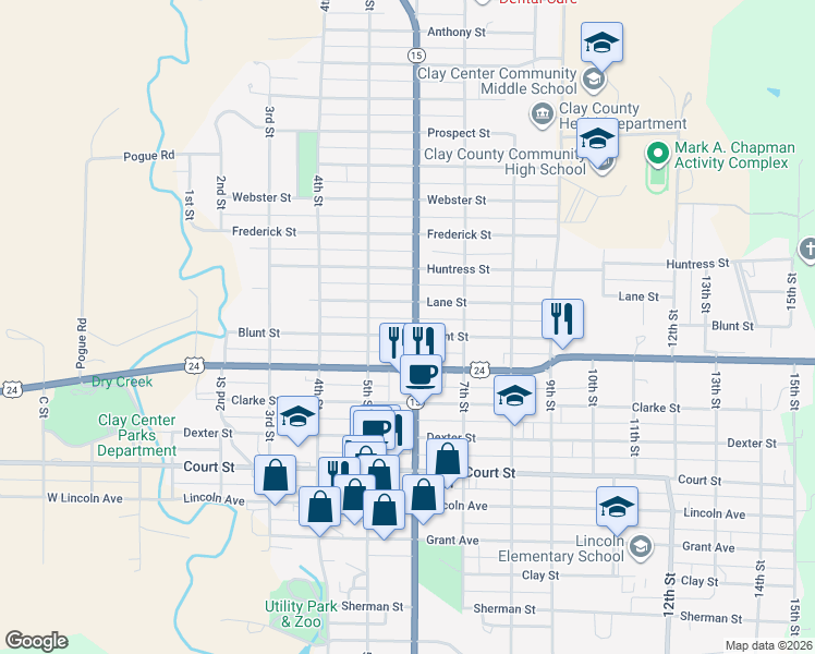 map of restaurants, bars, coffee shops, grocery stores, and more near 1203 6th Street in Clay Center